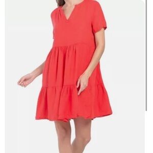 Francesca Bettini Italy 100% Linen
Babydoll Dress Short Sleeve Split V-
neck